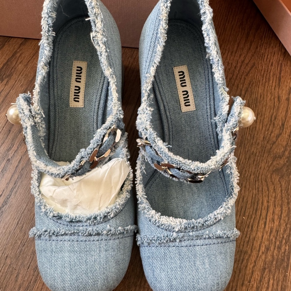 Miu Miu Frayed Denim Mary Jane with Pearl Accent